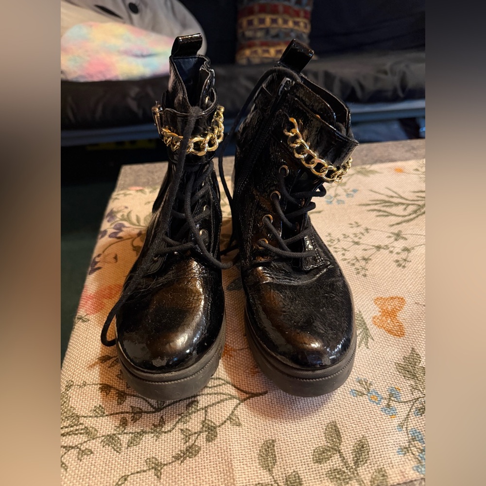 Black Patent Lace-Up Combat Boots with Gold Chain Accent